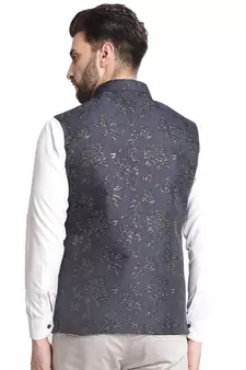 Blue Jacquard Floral Embroidered Nehru Jacket