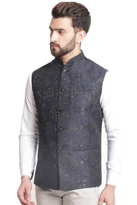 Blue Jacquard Floral Embroidered Nehru Jacket 3