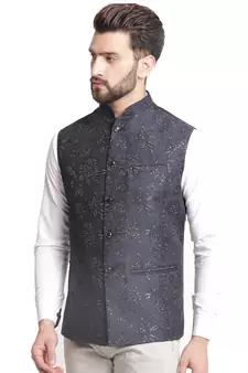 Blue Jacquard Floral Embroidered Nehru Jacket