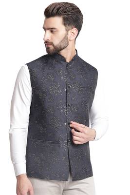 Blue Jacquard Floral Embroidered Nehru Jacket 4