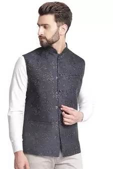 Blue Jacquard Floral Embroidered Nehru Jacket