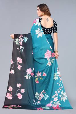 Turquoise printed chinon saree with blouse 5