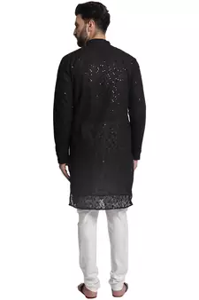 Black embroidered georgette kurta with churidar pajama