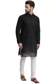 Black embroidered georgette kurta with churidar pajama