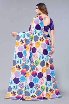 Multicolor printed chinon saree with blouse 5