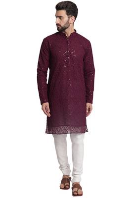 Treemoda Maroon printed georgette kurta with churidar pajama 1