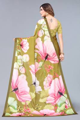 Olive Green printed chinon saree with blouse 5