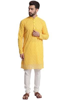 Treemoda Yellow embroidered georgette kurta with churidar pajama 1
