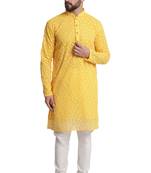 Yellow embroidered georgette kurta with churidar pajama