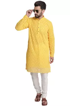 Yellow embroidered georgette kurta with churidar pajama