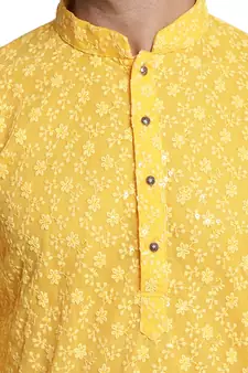 Yellow embroidered georgette kurta with churidar pajama