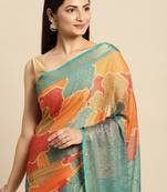 Orange printed brasso saree with blouse