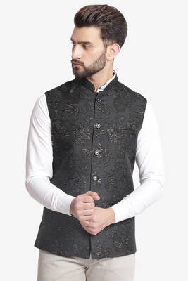 Black Jacquard Floral Printed Nehru Jacket 1
