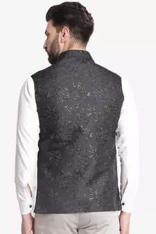 Black Jacquard Floral Printed Nehru Jacket