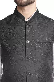 Black Jacquard Floral Printed Nehru Jacket