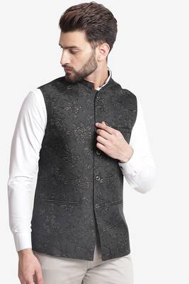 Black Jacquard Floral Printed Nehru Jacket 4