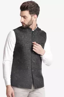 Black Jacquard Floral Printed Nehru Jacket