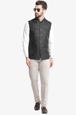 Black Jacquard Floral Printed Nehru Jacket 5