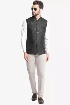 Black Jacquard Floral Printed Nehru Jacket