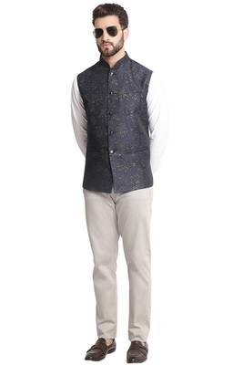 Blue Jacquard Floral Embroidered Nehru Jacket 5