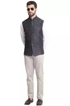 Blue Jacquard Floral Embroidered Nehru Jacket