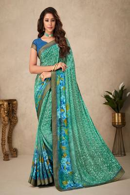Green Floral Print Crepe Silk Saree And Blouse Piece 1
