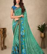 Green Floral Print Crepe Silk Saree And Blouse Piece