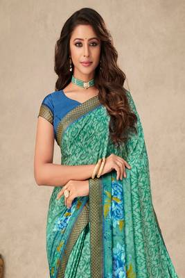 Green Floral Print Crepe Silk Saree And Blouse Piece 2