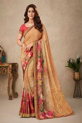 Rust Floral Print Crepe Silk Saree And Blouse Piece 1