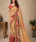 Rust Floral Print Crepe Silk Saree And Blouse Piece