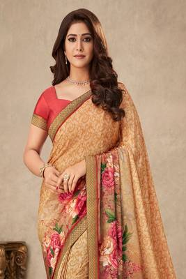 Rust Floral Print Crepe Silk Saree And Blouse Piece 2