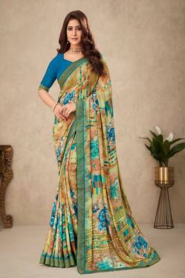 Multicolor Floral Print Crepe Silk Saree And Blouse Piece 1