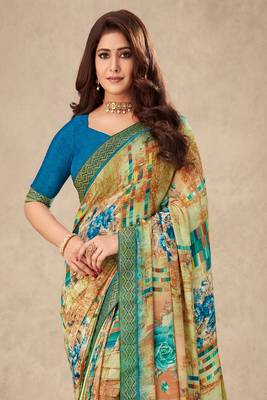 Multicolor Floral Print Crepe Silk Saree And Blouse Piece 2