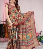 Beige printed chiffon saree with blouse
