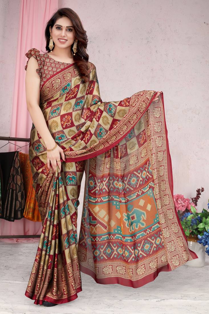 Beige printed chiffon saree with blouse