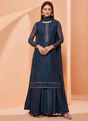 Turquoise embroidered georgette kurta-suits 1