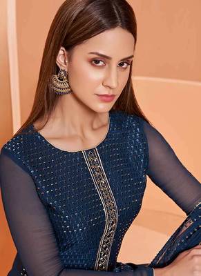 Turquoise embroidered georgette kurta-suits 2