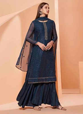 Turquoise embroidered georgette kurta-suits 3