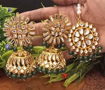 Green Copper Gold Plated Kundan Handmade Light Weight Jhumki Maangtika Set 2