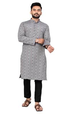 Mohvogue Grey Printed Cotton Blend Men's Kurta 1