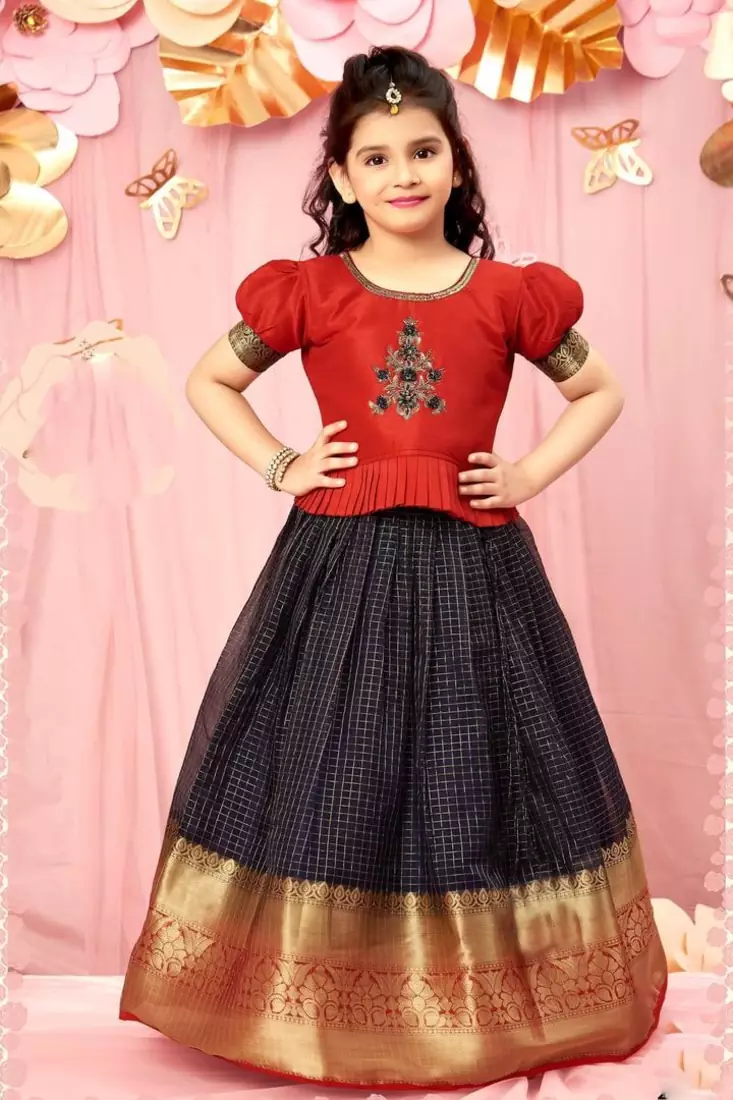 New south Red Indian traditional pattu pavadai Jecquard Lehenga choli for girls dress