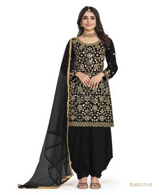 BLACK COLOR REAL MIRROR EMBROIDERED SOFT SILK COTTON PATIALA SALWAR SUIT SEMI STITCHED 1