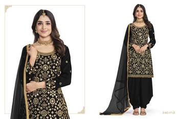 BLACK COLOR REAL MIRROR EMBROIDERED SOFT SILK COTTON PATIALA SALWAR SUIT SEMI STITCHED 2