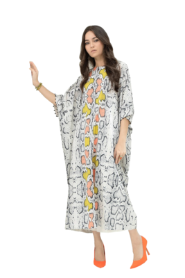 JSDC Soft Silk Satin Fabric Snake Skin Printed Calf Length Slit Style Kaftan 1