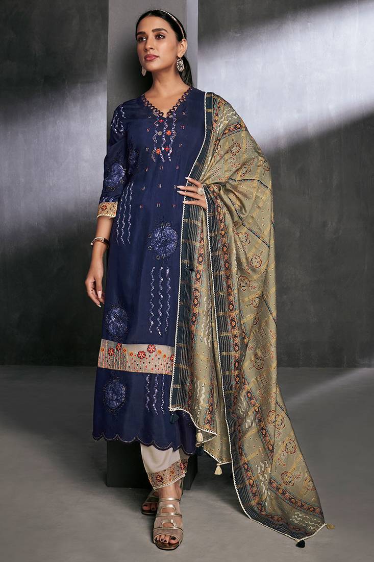 Phenomenal pure muga silk blue batik printed salwar suit