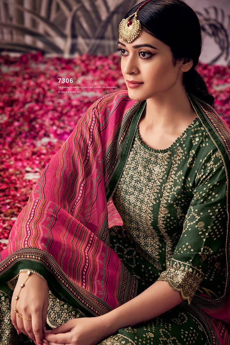 Gorgeous pure muga silk green bandhani printed salwar suit