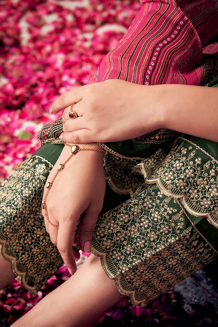 Gorgeous pure muga silk green bandhani printed salwar suit