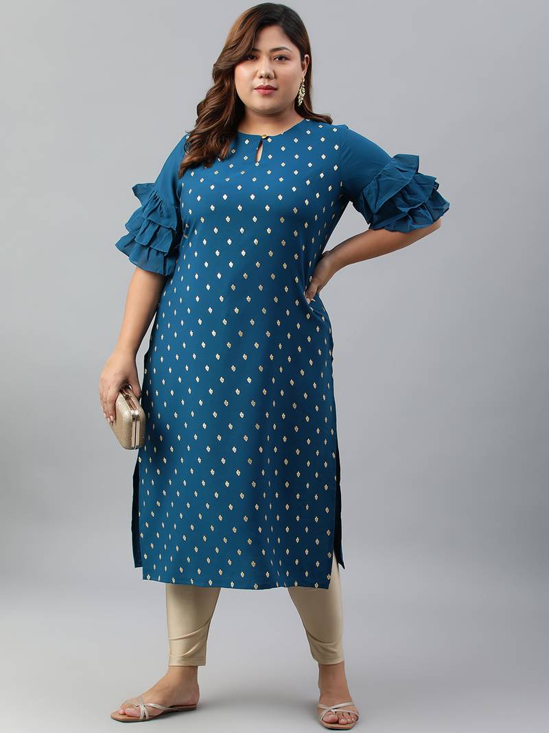 XL LOVE by Janasya Teal printed crepe ethnic-kurtis