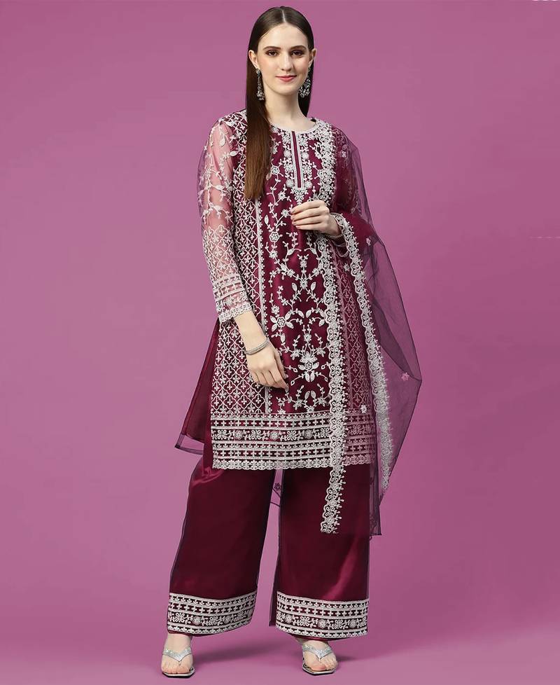 Net Salwar Palazzo Suit Wine