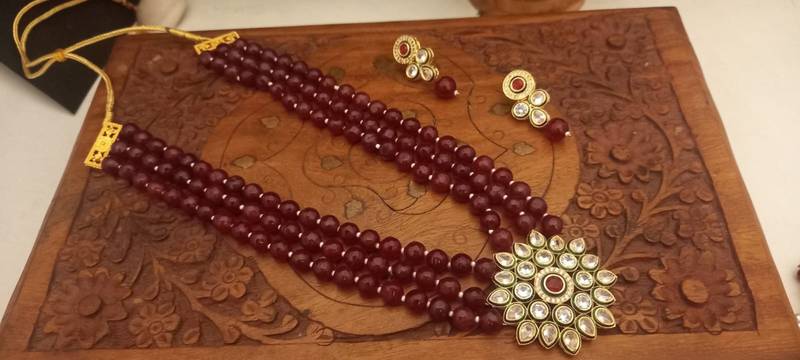 Brass American Diamond High End Pendant Choker with Imitation Beads